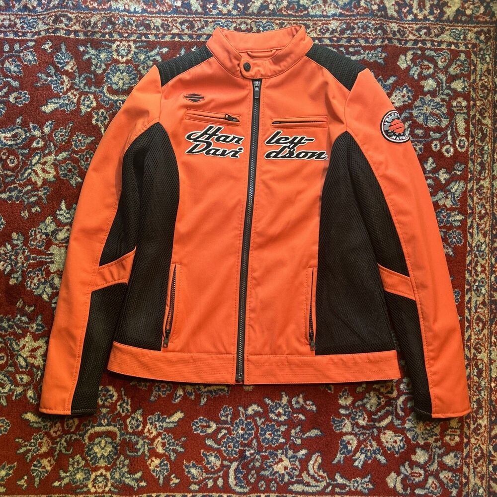 Harley Davidson Womens Small Softshell Jacket Black Orange Embroidered Zip Up
